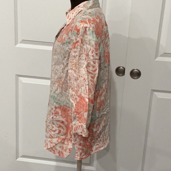 Chico's 100% Linen Floral Button-Down Shirt Beachy Coral Mint Blue Size Large/2 - Picture 4 of 9